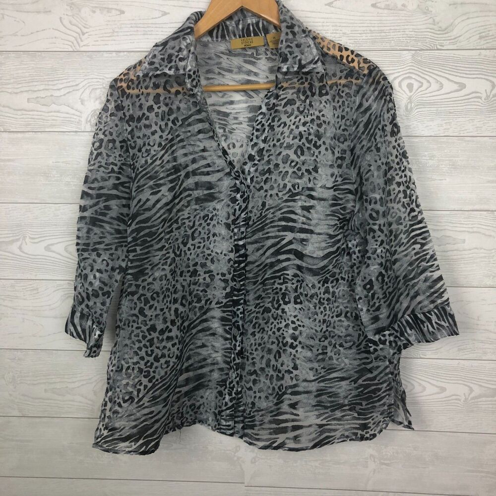 Valerie Stevens Women's 1X Animal Print Sheer Button Front Shirt 3/4 Sleeve Gray
